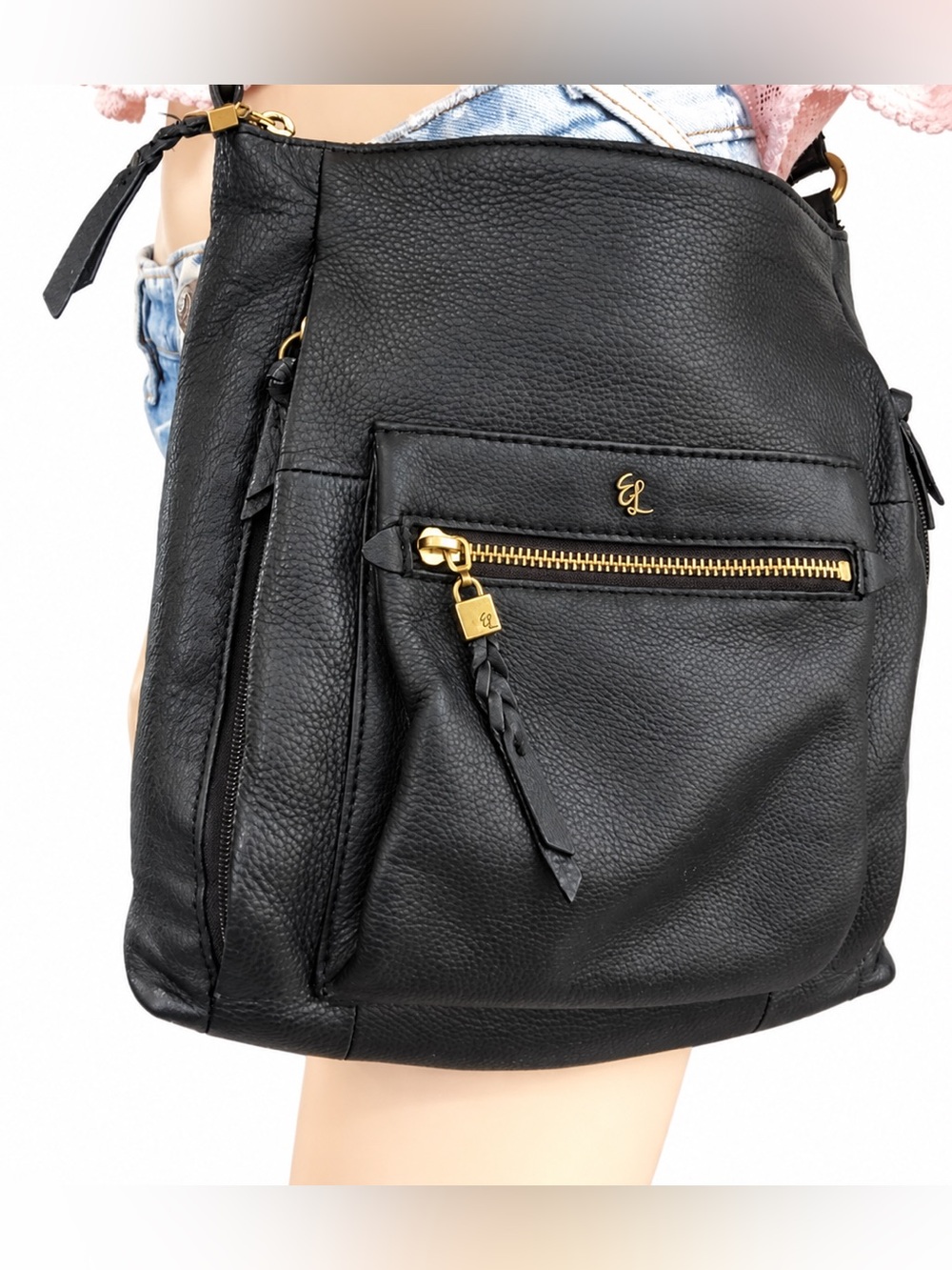 Elliott Lucca Gwen Black Gold Leather Convertible Crossbody Shoulder Bag Purse